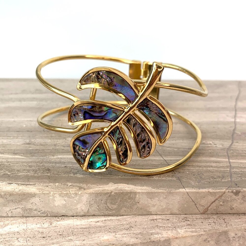 New ~ Anthropologie Abalone Shell Monstera Leaf Cuff Bracelet